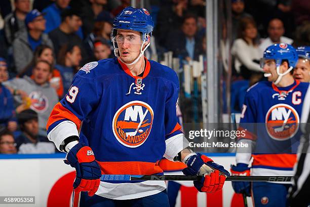 Brock Nelson of the New York Islanders skates against the Winnipeg Jets at Nassau Veterans Memorial Coliseum on October 28, 2014 in Uniondale, New...