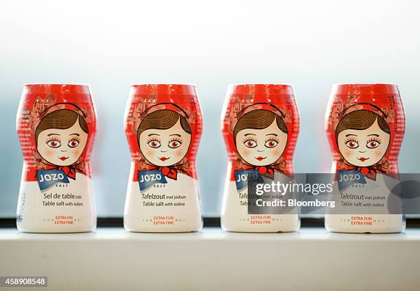 Dispenser jars of Jozo salt, manufactured by Akzo Nobel NV, sit on display at the company's headquarters in Amsterdam, Netherlands, on Thursday, Nov....