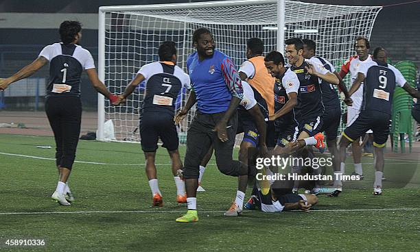 Atletico de Kolkata players during their practice session ahead of their match against visiting team Chennaiyin FC at Salt Lake Stadium on November...