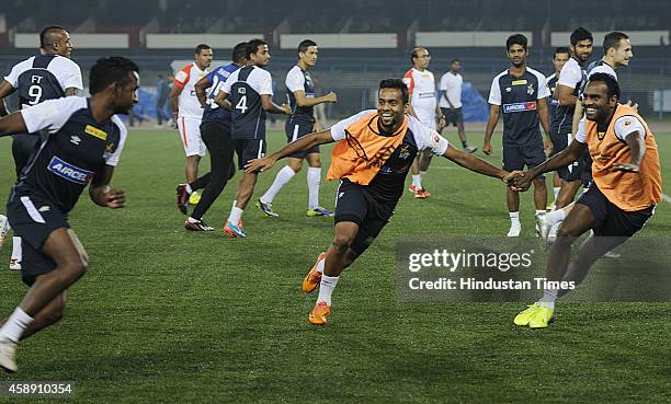 Atletico de Kolkata players during their practice session ahead of their match against visiting team Chennaiyin FC at Salt Lake Stadium on November...