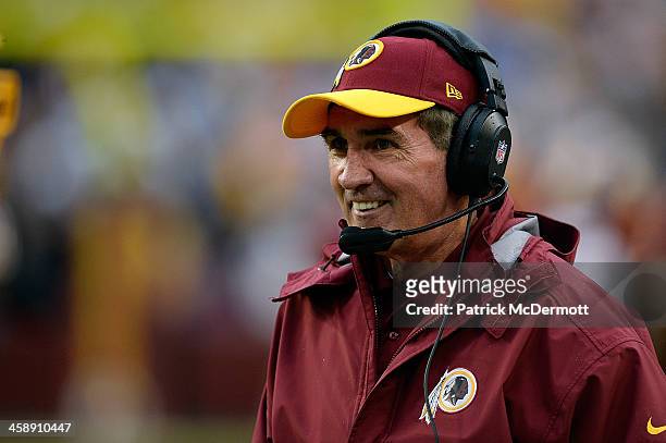 Head coach Mike Shanahan of the Washington Redskins reacts on the sideline after a play in the second half during an NFL game against the Dallas...