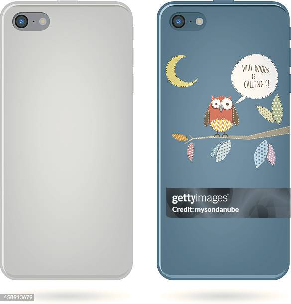 smart phone back view - owl on tree illustration - phone cover stock illustrations