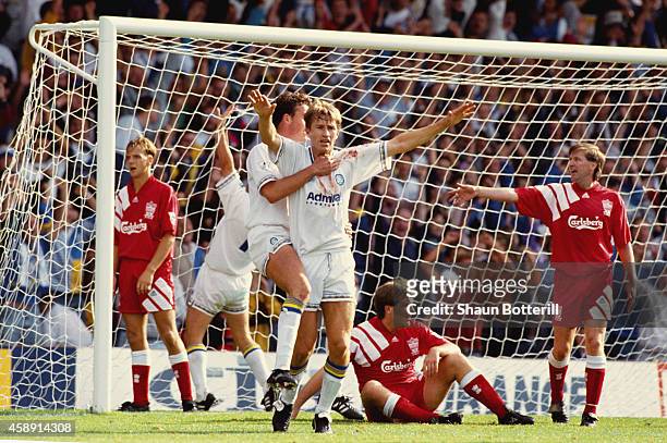 Leeds striker Lee Chapman celebrates his late equaliser during a Premier League match between Leeds United and Liverpool at Elland Road on August 29,...