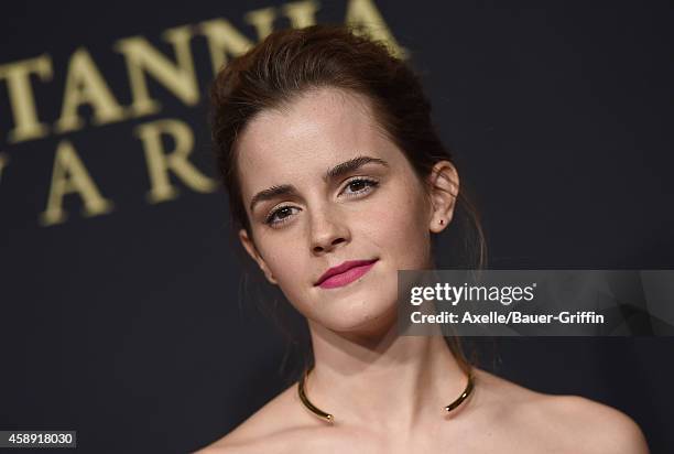 Actress Emma Watson arrives at the BAFTA Los Angeles Jaguar Britannia Awards at The Beverly Hilton Hotel on October 30, 2014 in Beverly Hills,...