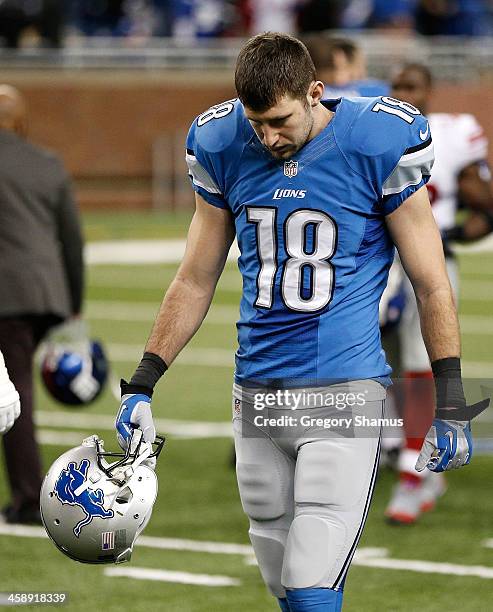 Kris Durham of the Detroit Lions leaves the field after losing 20-23 in overtime to the New York Giants at Ford Field on December 22, 2013 in...