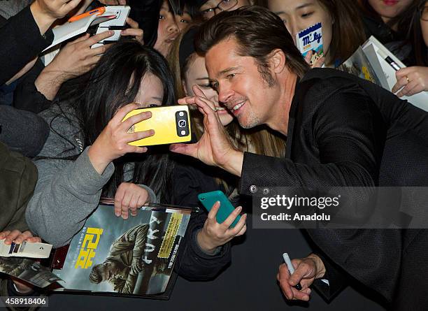 Actor Brad Pitt attends the 'Fury' Seoul Premiere at Times Square on November 13, 2014 in Seoul, South Korea.