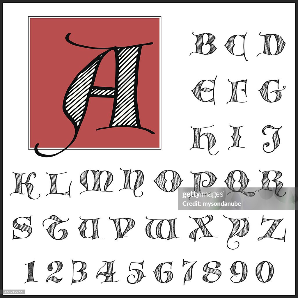 Vector ancient style hand drawn font set