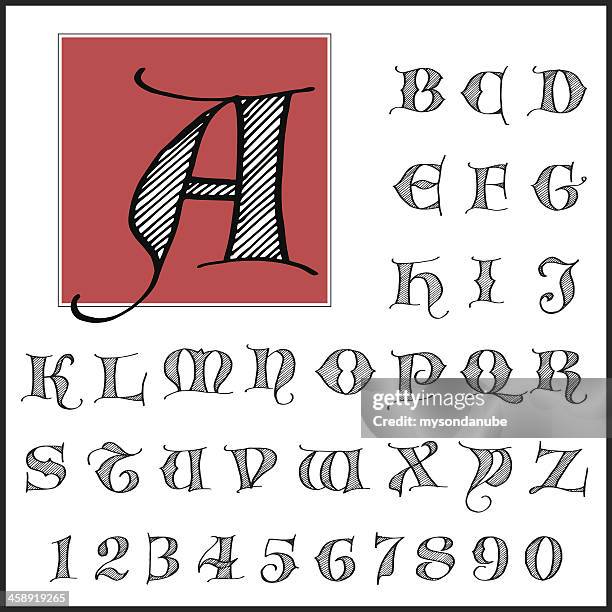 vector ancient style hand drawn font set - asterisk stock illustrations