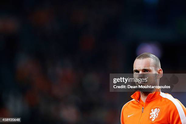 Wesley Sneijder of Netherlands stands for the national anthems prior to the international friendly match between Netherlands and Mexico held at the...