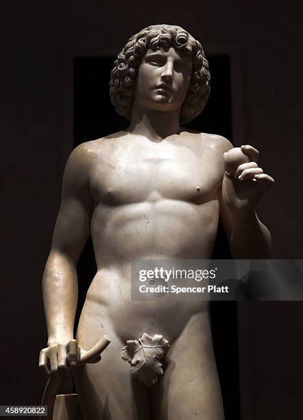 The marble statue named Adam, created in the 1490s by Italian Renaissance artist Tullio Lombardo, stands on display at the Metropolitan Museum of Art...