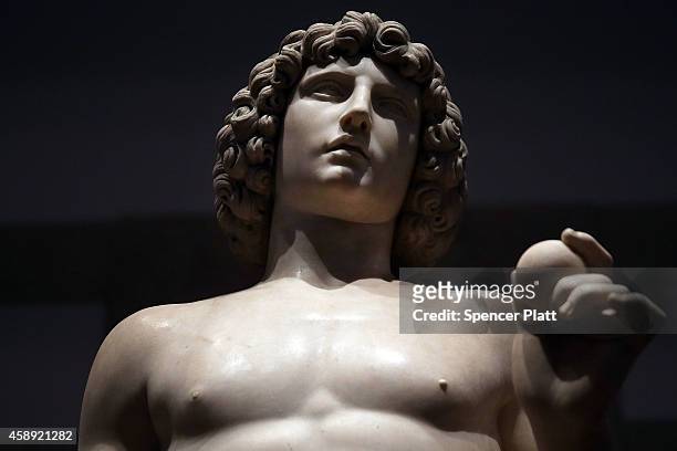 The marble statue named Adam, created in the 1490s by Italian Renaissance artist Tullio Lombardo, stands on display at the Metropolitan Museum of Art...