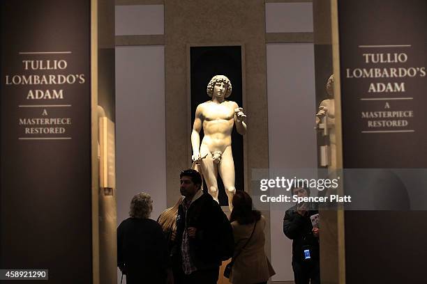 The marble statue named Adam, created in the 1490s by Italian Renaissance artist Tullio Lombardo, stands on display at the Metropolitan Museum of Art...