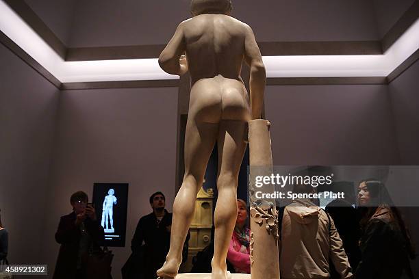 The marble statue named Adam, created in the 1490s by Italian Renaissance artist Tullio Lombardo, stands on display at the Metropolitan Museum of Art...