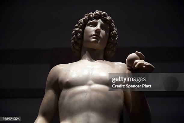 The marble statue named Adam, created in the 1490s by Italian Renaissance artist Tullio Lombardo, stands on display at the Metropolitan Museum of Art...