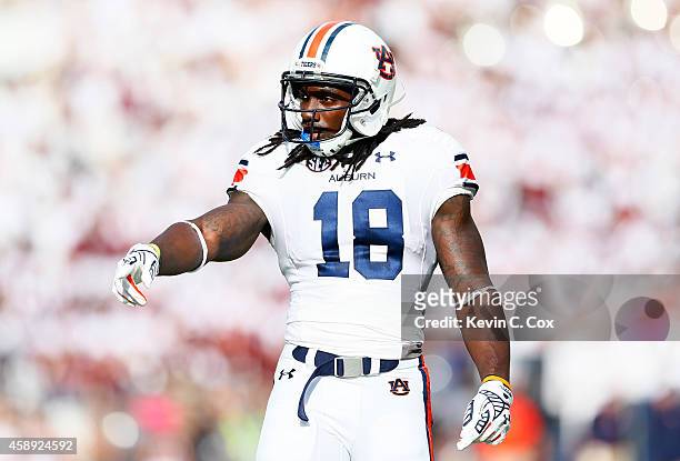 Sammie Coates of the Auburn Tigers against the Mississippi State Bulldogs at Davis Wade Stadium on October 11, 2014 in Starkville, Mississippi.