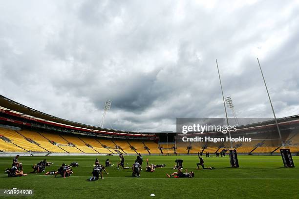 Players warm up during a New Zealand Kiwis training session at Westpac Stadium on November 14, 2014 in Wellington, New Zealand.