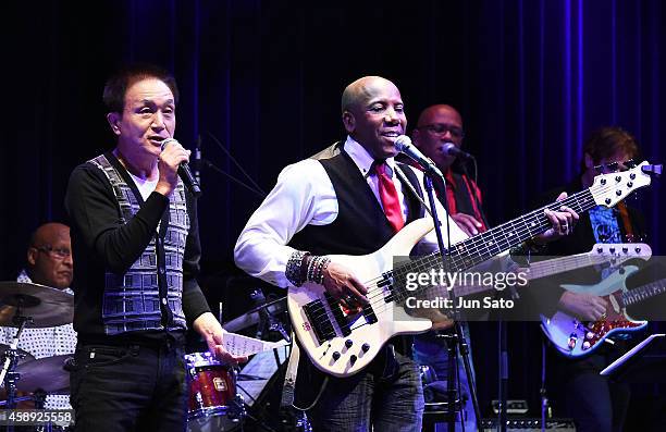 Singer/ songwriter Kazumasa Oda and Daft Punk bass player Nathan East perform on stage during Nathan East Solo Debut Concert at Billboard Live on...