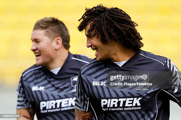 Kevin Proctor and Greg Eastwood enjoy a laugh during a New Zealand Kiwis training session at Westpac Stadium on November 14, 2014 in Wellington, New...