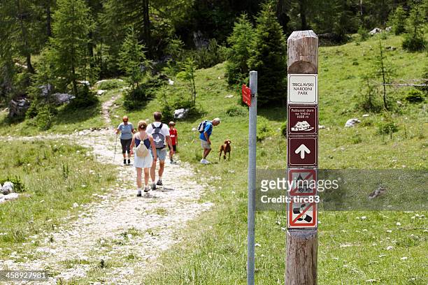 hikers walking the triglav national park in slovenia - triglav slovenia stock pictures, royalty-free photos & images