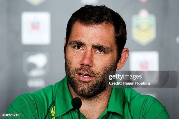 Captain Cameron Smith of the Kangaroos talks to the media during a joint New Zealand Kiwis and Australian Kangaroos Four Nations Final joint press...