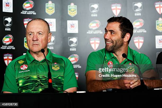 Coach Tim Sheens and captain Cameron Smith of the Kangaroos talk to the media during a joint New Zealand Kiwis and Australian Kangaroos Four Nations...