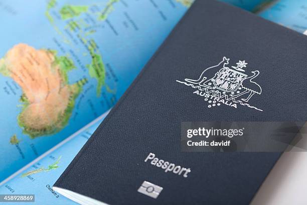 passport with map of australia - australia passport stockfoto's en -beelden