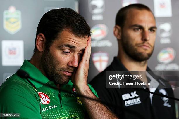 Captains Cameron Smith of the Kangaroos and Simon Mannering of the Kiwis look on during a joint New Zealand Kiwis and Australian Kangaroos Four...