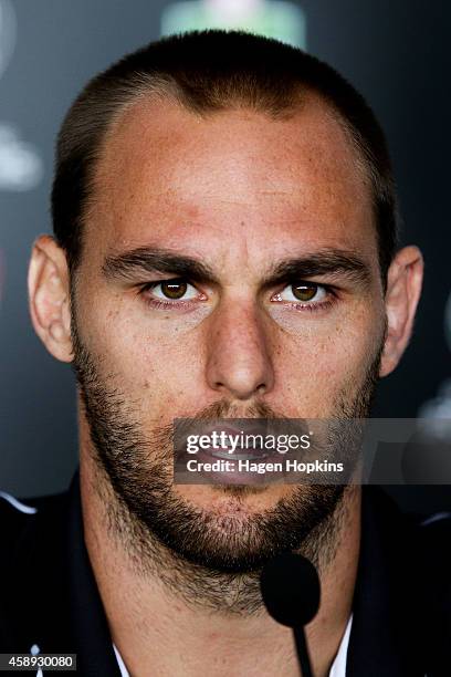 Captain Simon Mannering of the Kiwis speaks to media during a joint New Zealand Kiwis and Australian Kangaroos Four Nations Final joint press...