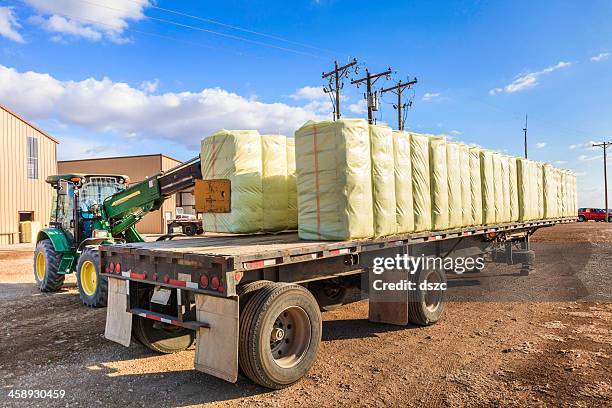 loader loads bales of cotton on flatbed trailer - cotton gin 個照片及圖片檔