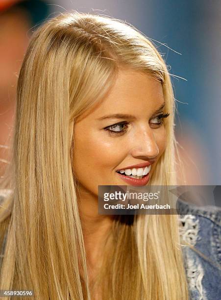 Lauren Tannehill, wife of quarterback Ryan Tannehill of the Miami Dolphins is shown on the sidelines before the Dolphins met the Buffalo Bills in a...