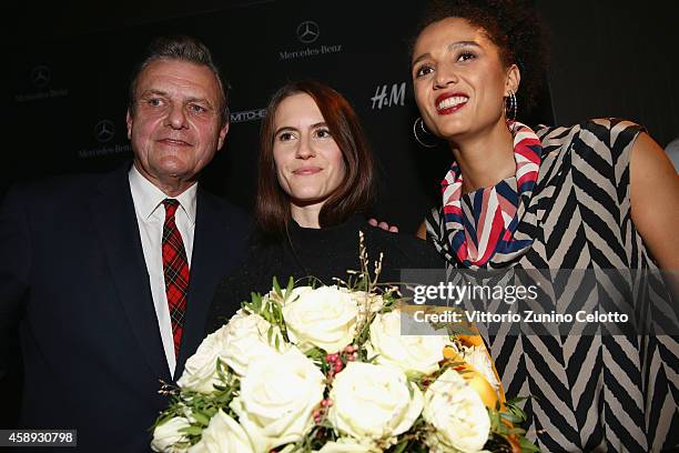 Jean-Charles de Castelbajac, Award Winner Elisa Kaufmann and Silvia Binggeli pose after the Annabelle Award presented by Paul Mitchell during the...