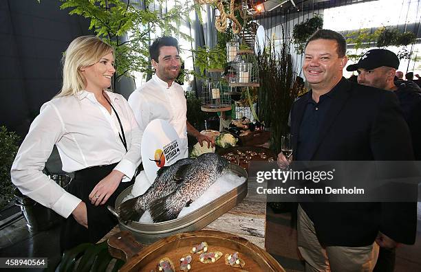 Masterchef judges George Calombaris and Gary Mehigan attend the Restaurant Australia Marketplace event at Macquarie Wharf on November 14, 2014 in...