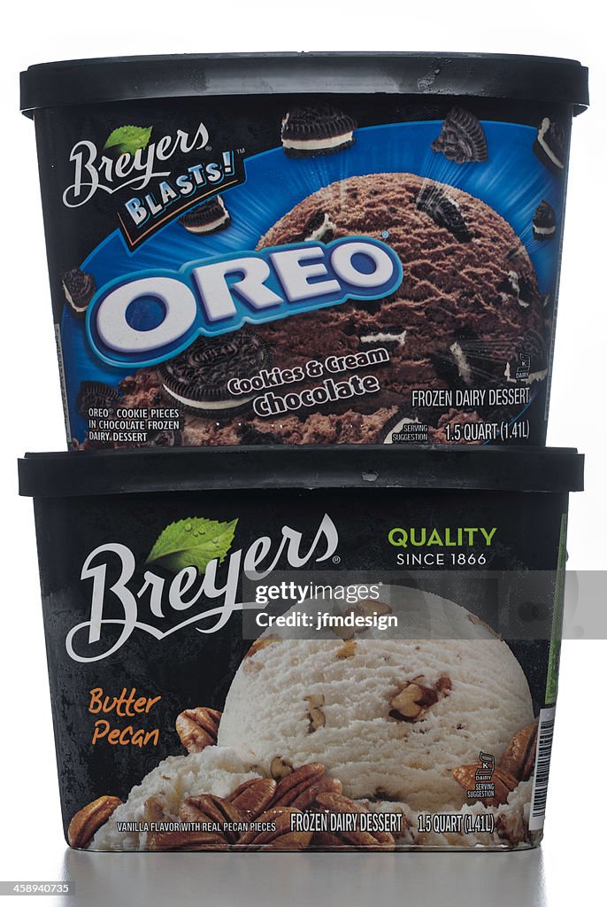 Breyers Blast Oreo and Butter Pecan ice cream stacked
