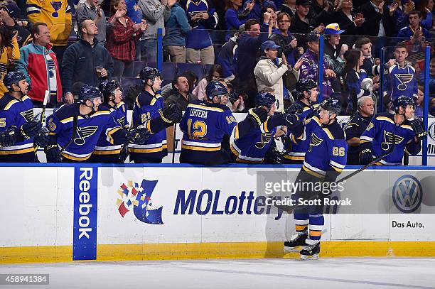 Paul Stastny of the St. Louis Blues is congratulated by teammates after scoring the game-winning goal against the Nashville Predators on November 13,...