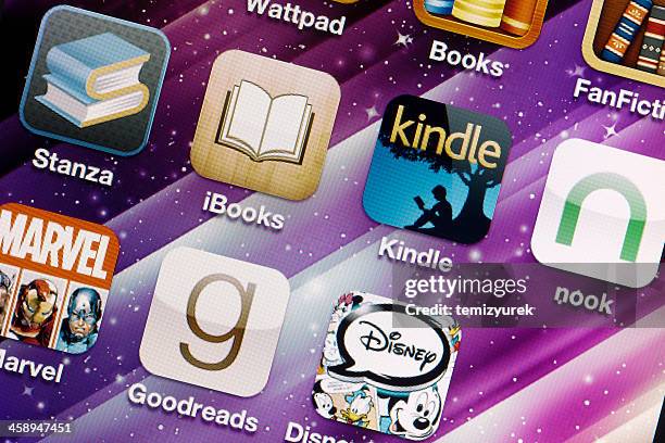 reading applications on iphone 4 screen - audiobook app stock pictures, royalty-free photos & images