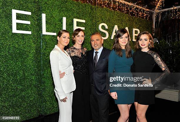 Actresses Ellen Pompeo, Emily Blunt, designer Elie Saab, actresses Hailee Steinfeld and Lily Collins attend a private Elie Saab dinner on November...