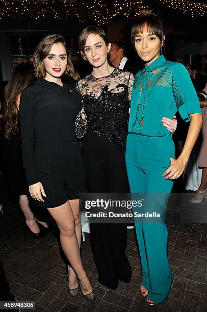 Actress Lily Collins, Emily Blunt, and Ashley Madekwe attend a private Elie Saab dinner on November 13, 2014 in Los Angeles, California. #ElieSaabLA