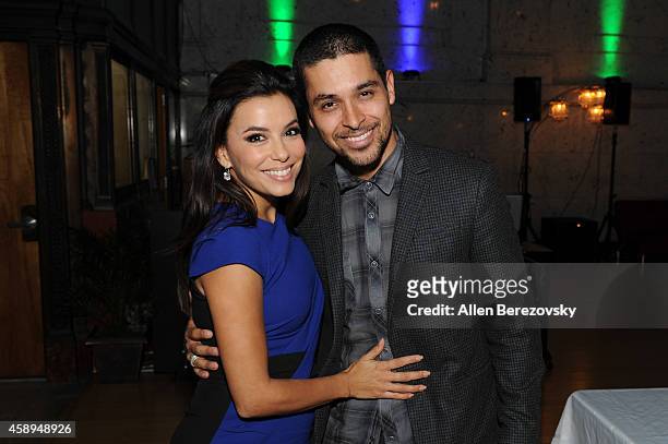 Actress Eva Longoria and actor Wilmer Valderrama attend the Los Angeles Premiere of "Food Chains" at The Los Angeles Theater Center on November 13,...