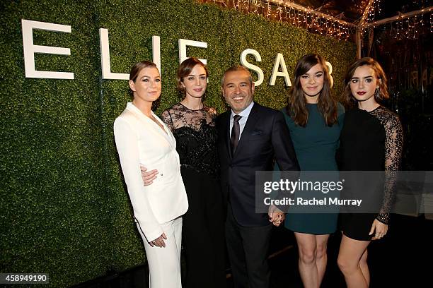 Actress Ellen Pompeo, actress Emily Blunt, designer Elie Saab, actress Ashley Madekwe, actress Hailee Steinfeld, and actress Lily Collins attend a...