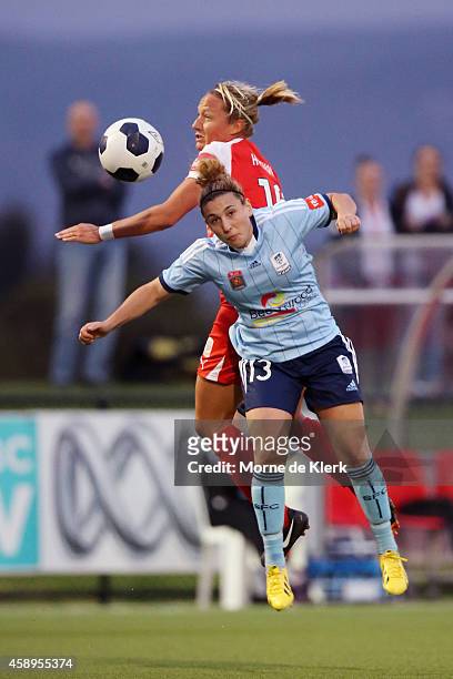Trudy Camilleri of Sydney competes for the ball during the round 10 W-League match between Adelaide and Sydney at Adelaide Shores Football Club on...