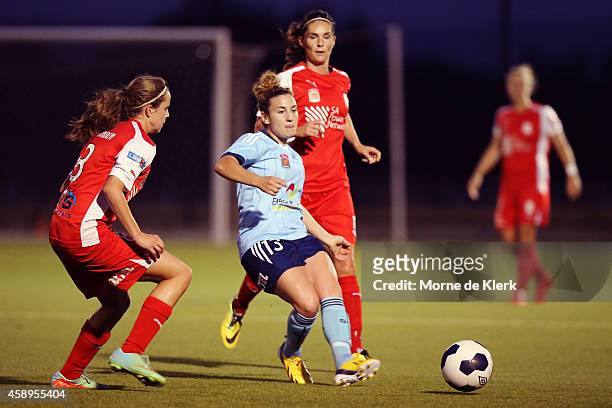 Trudy Camilleri of Sydney passes the ball during the round 10 W-League match between Adelaide and Sydney at Adelaide Shores Football Club on November...