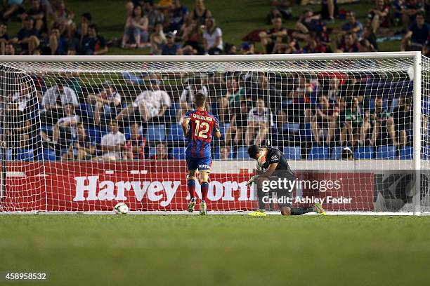 Mark Birighitti of the Jets looks dejected after conceding a goal during the round six A-League match between the Newcastle Jets and Brisbane Roar at...