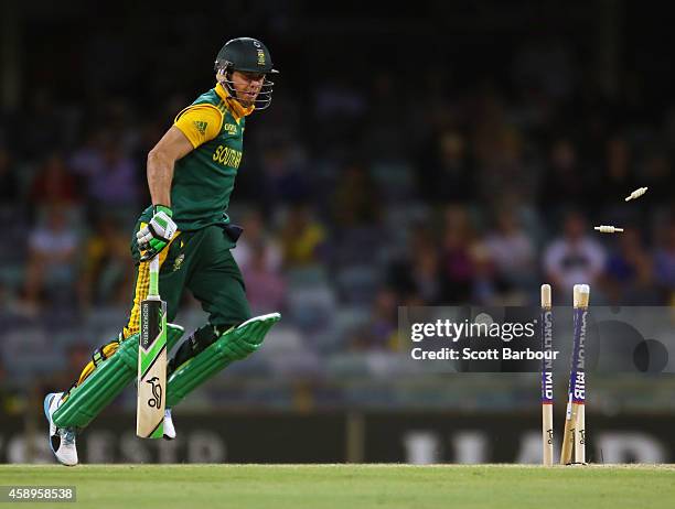 De Villiers of South Africa looks on as he is run out during game one of the men's one day international series between Australia and South Africa at...