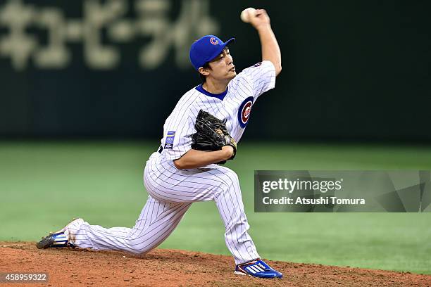 Tsuyoshi Wada of the Chicago Cubs pitches in the sixth inning during the game two of Samurai Japan and MLB All Stars at Tokyo Dome on November 14,...