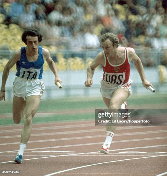 Pietro Mennea of Italy and Valeriy Borzov of the Soviet Union finish in 4th place and third place respectively in semifinal 2 of the Men's 4 x 100...