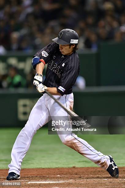 Yuki Yanagita of Samurai Japan hits an RBI double in the eighth inning during the game two of Samurai Japan and MLB All Stars at Tokyo Dome on...