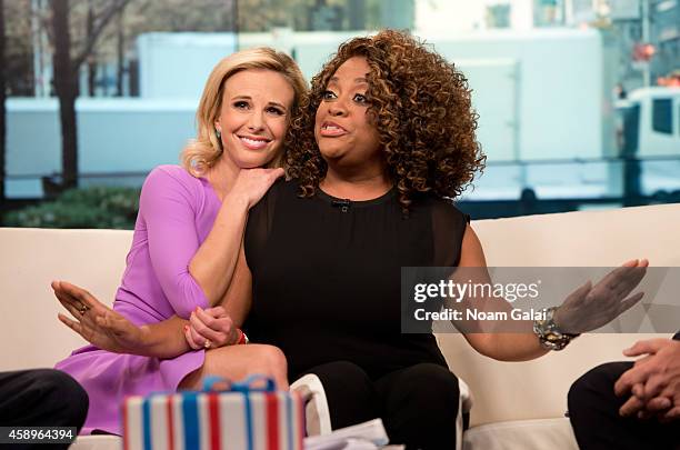 Elisabeth Hasselbeck and Sherri Shepherd speak on set as host Elisabeth Hasselbeck returns to FOX and Friends at FOX Studios on November 14, 2014 in...