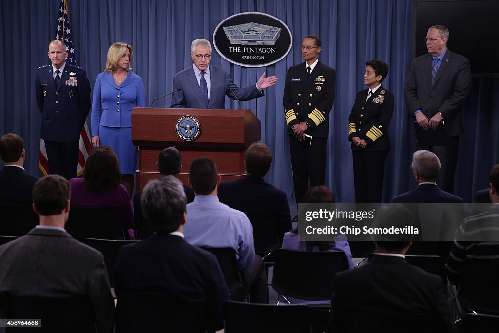 Chuck Hagel Holds Press Briefing At The Pentagon