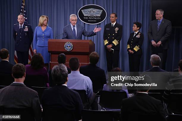 Defense Secretary Chuck Hagel announces a series of reforms to the troubled nuclear force during a press briefing with Air Force Global Strike...