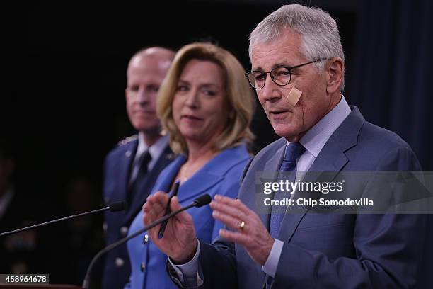 Defense Secretary Chuck Hagel announces a series of reforms to the troubled nuclear force during a press briefing with Air Force Global Strike...